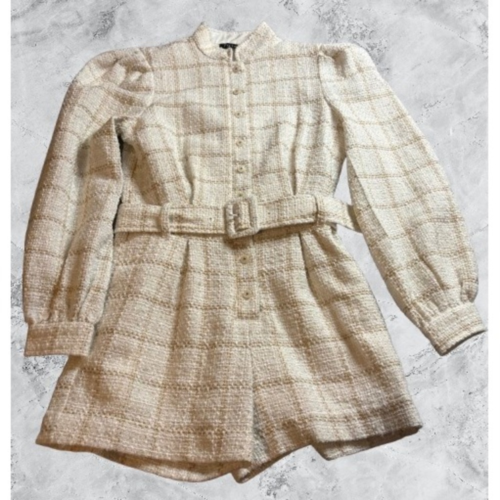 Fate Women Cream Gold Metallic Tweed Plaid Belted Romper Long Sleeve Small